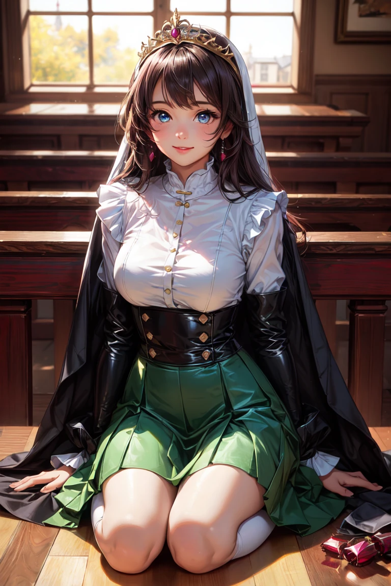 masterpiece, best quality, 1girl, solo, nahida_genshin, cross-shaped pupils, maid outfit, green cape, standing