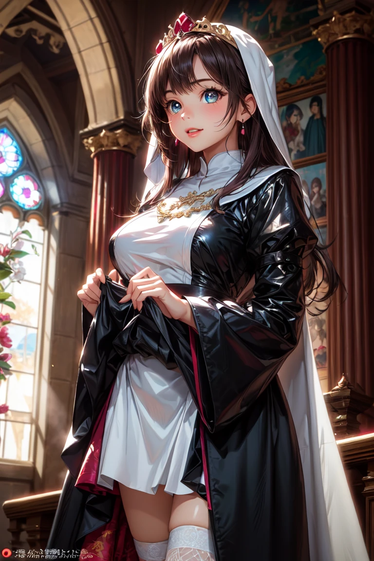 (Perfect Anatomy)、Mastepiece、Ultra High Quality、 8k、masterpiece、Highest quality、Ultra-high resolution、Maximum resolution、Very detailed、Professional Lighting、anime、woman、thin、Very beautiful face、Very beautiful eyes、(Highly detailed eye)、Highly detailed face, Golden earrings、Black Hair,、Pink eyes, Braiding、Straight bangs, contouring, makeup, eyeliner, eye shadow, pink cheek, pink lips, full body, standing, priest,, wet skin, shiny skin, (((1girl))),