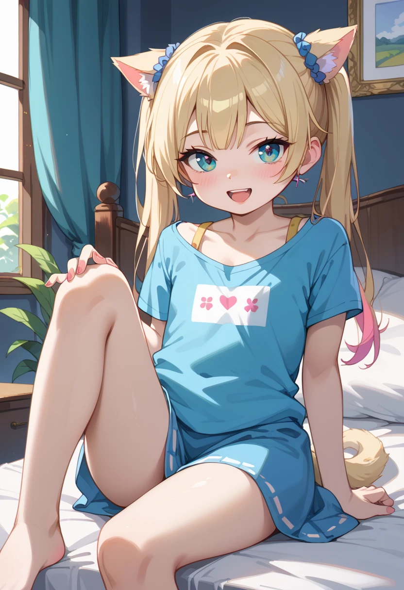 (one girl)、20-year-old、blonde、long hair、unkempt、(Looks sleepy)、attractive beautiful girl、whiteＴshirt、blue shorts、fox ears、bangs、blue eyes、smile、Close one eye、bed、from thighs to head、classic、aerial perspective、detailed picture、atmosphere、(transparent),(pure),stained sheets、perfect hands、Hands without distortion、
