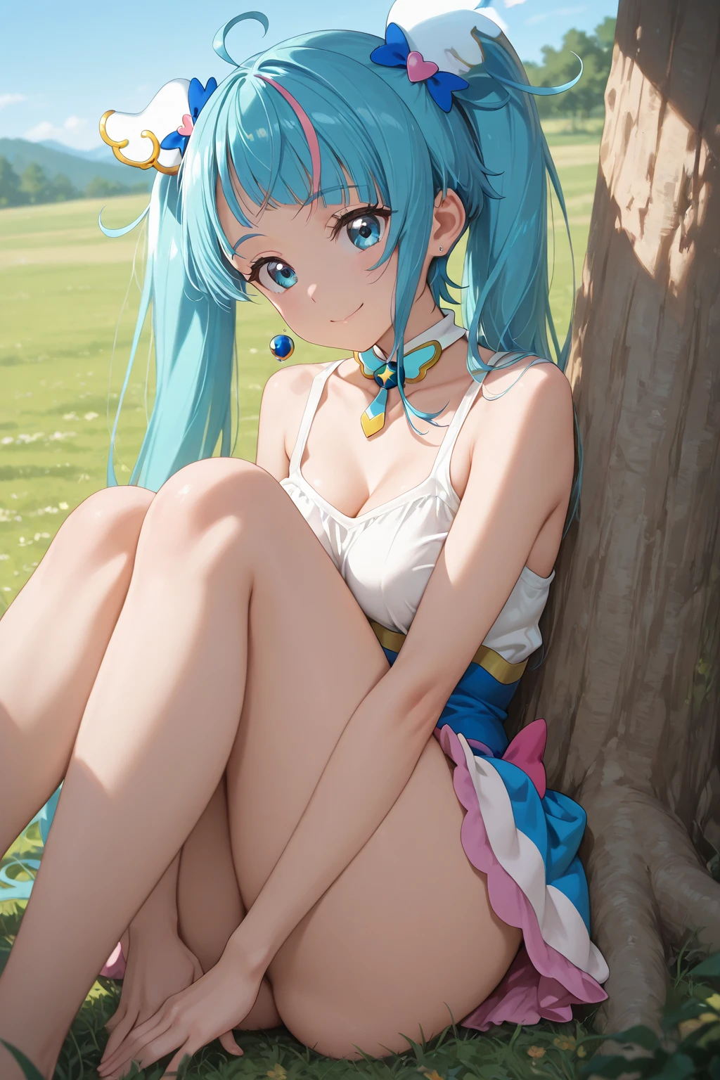 Spreading her legs and lying down, light blue hair, long double ponytails, full body bikini, breasts are barely covered, small flowers on the grassland