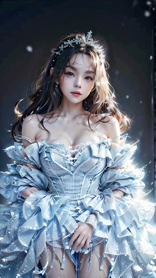 masterpiece, best quality, illustration, {beautiful detailed girl}, beautiful detailed glow, (flames of war: 1.2), (nuclear explosion behind: 1.3), rain, detailed lighting, detailed water, (beautiful detailed eyes: 1.1), featureless , palace, azure hair, messy hair, long bangs, hair between the eyes, (white and gray dress: 1.1), black ribbon, white bow ties, belly, big forehead, blank look, flower, long sleeves --auto --s2