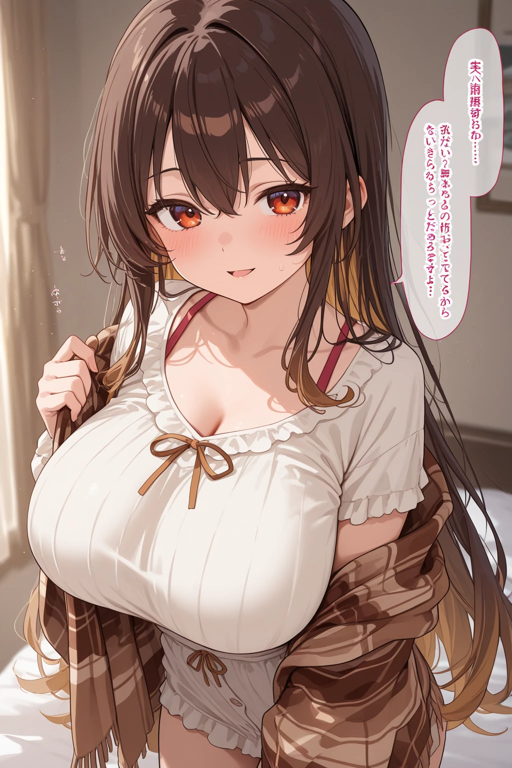 (masterpiece, Highest quality), One girl, Oversized shirt, off_shoulder, Blushing, Embarrassing, Innocent, Bedroom 、(Big Breasts：1.4)、(The valley is visible：1.2)