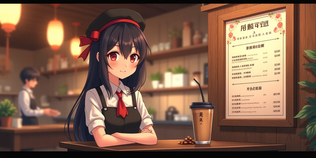 (masterpiece), (best quality), (intricate_details:1.1), (finely detailed:1.4), (distinct_image:1.2), (cafe background), solo girl, cute, (face focus), shiny red eyes/black hair, cat ears, smooth lighting, black shirt, [skirt],