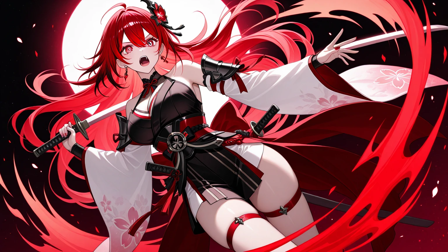 (1girl),(medium hair),(red eyes),(vampire),solo,(red hair),(medium breasts),Black socks,Skirt,Short sleeve,hairband,grin,fangs，Ancient Chinese clothing