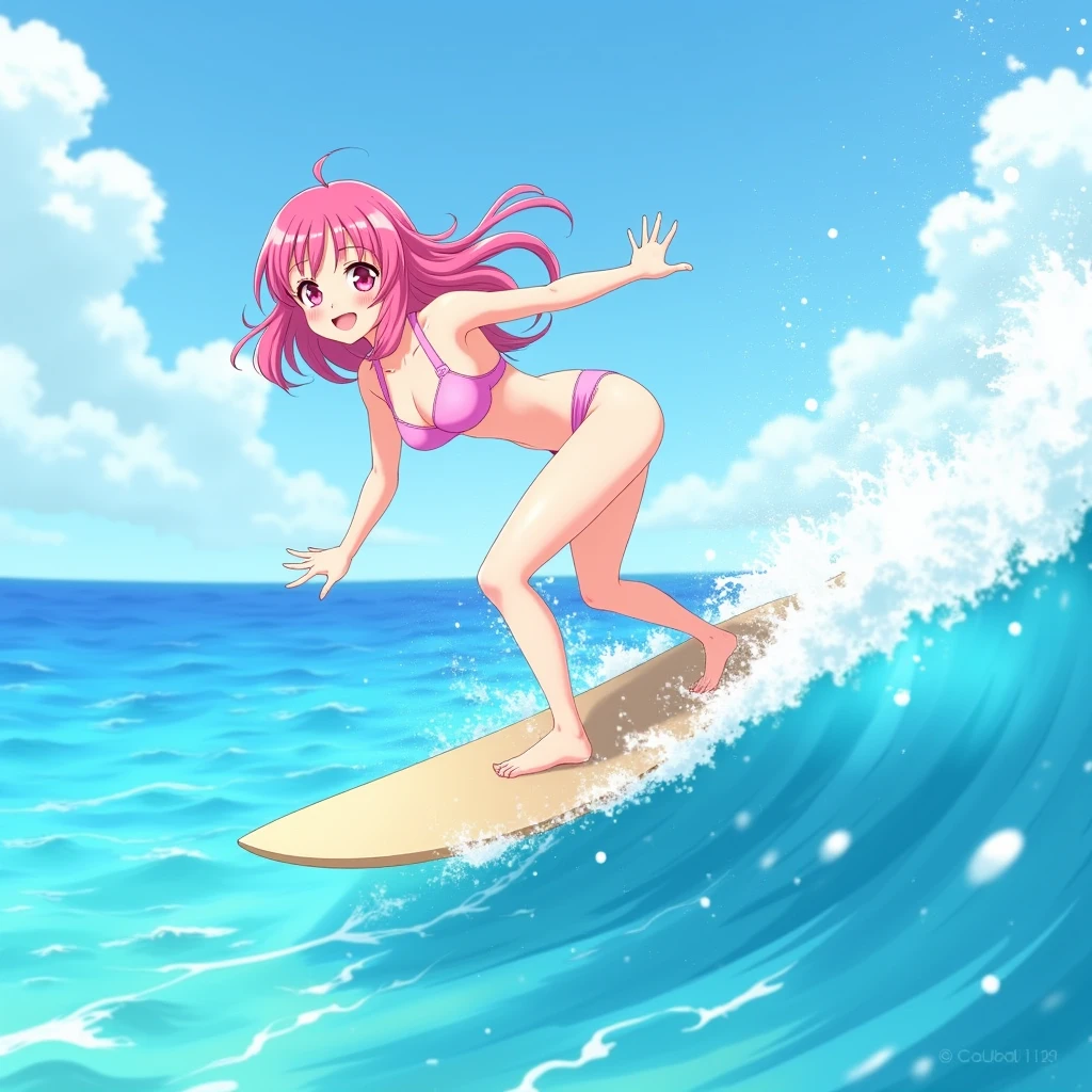 8K,gal，an extremely delicate and beautiful,Beautiful and realistic skin,Shiny jewel-like earrings,Shine like glitter fluorescent pink long hair,beautiful eyes,bikini,full body,beautiful sea,surfing, fluorescent pink surfboard,fluorescent pink tatoo