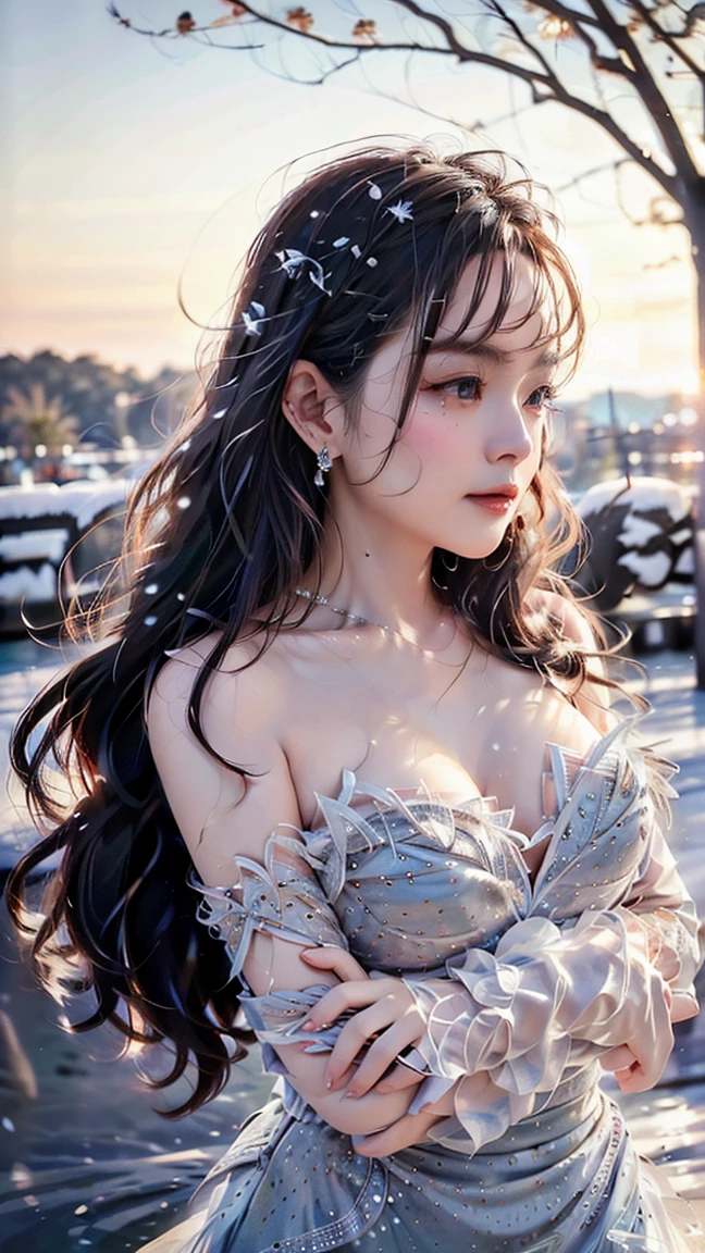 perfect figure beautiful woman:1.4, Layered Hair Style, Protruding cleavage, Snow 2D costume:1.5, jewel, Highly Detailed Face and Skin Textur, double-edged eyelid, Whiten the skin, long hair, Collar, background snow plains, diamond dust