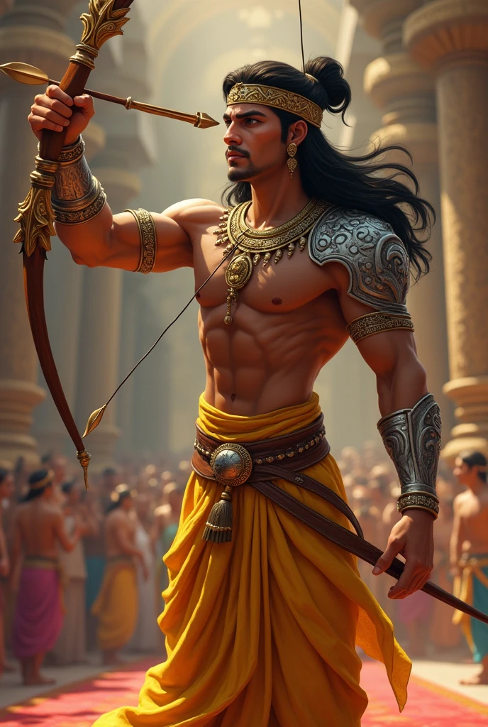 Design Arjuna in a powerful, battle-ready stance, wearing intricate traditional Kshatriya armor. The armor should have a gold and silver color scheme with detailed engravings, emphasizing his royal status. Include shoulder plates, a chest guard, and bracers, all adorned with ornate patterns. His muscular physique should be visible, with the armor enhancing his strength without restricting movement. Add a flowing dhoti and a royal crown, ensuring his look is both heroic and regal. He holds the Gandiva bow, ready to shoot an arrow, with a focused and determined expression