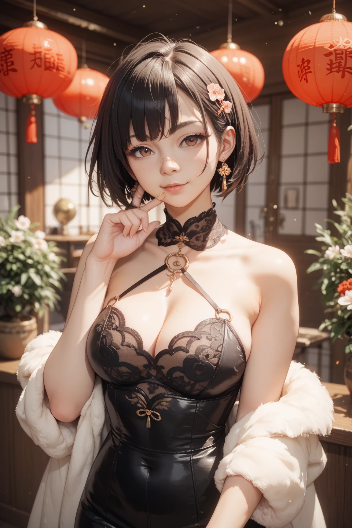 highres, masterpiece, perfect lighting, bloom, cinematic lighting, adult, perfect skin, female, looking at viewer, cowboy shot, (RSEEmma:1.5), CWT,bell, cow_ears, cow_horns, cowbell,thick eyebrows, parted bangs, freckles, :), smile,