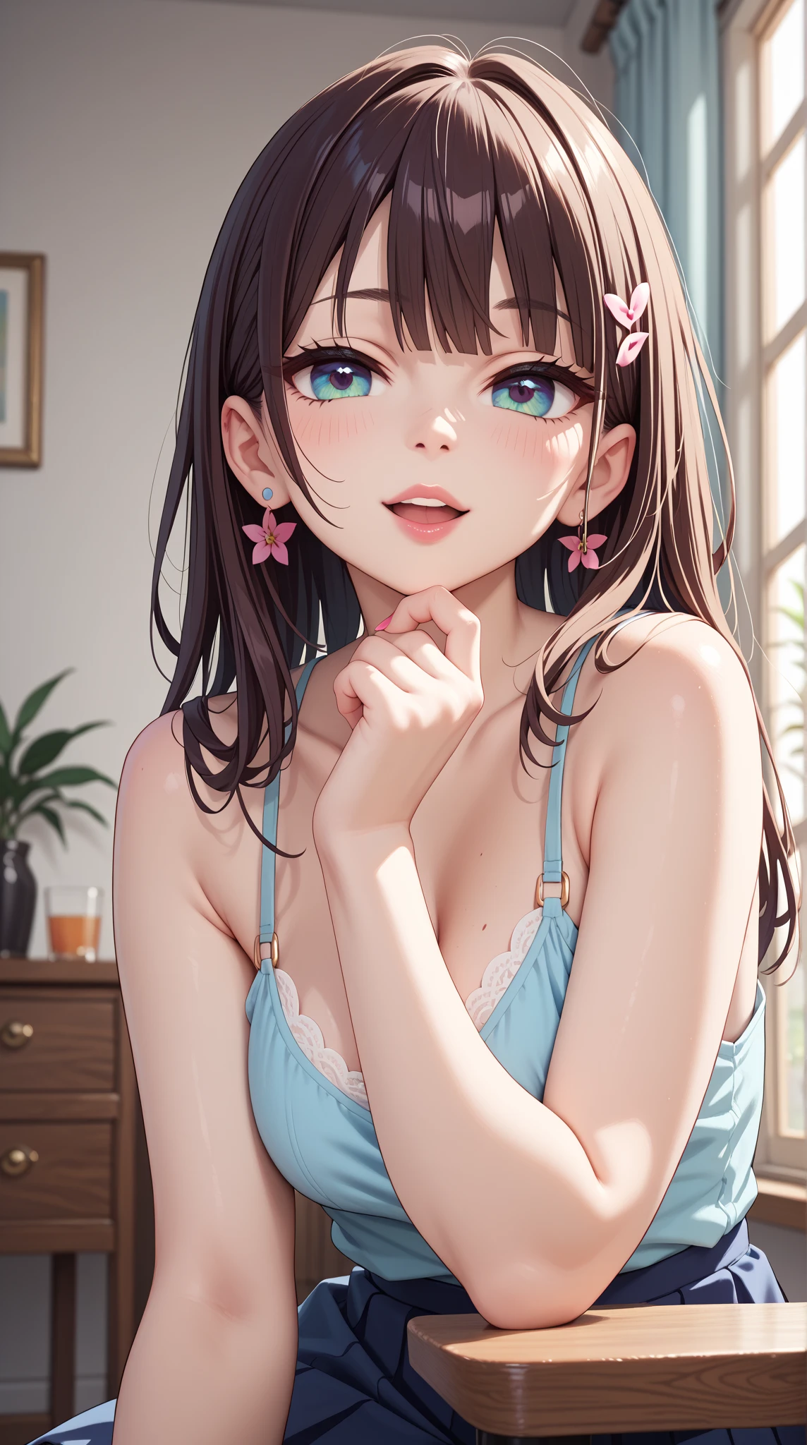 (best quality,4K,8k,high resolution,masterpiece:1.2),super detailed,(actual,realistically,realistically:1.37), Ultra high definition face, Woman in casual camisole and hot pants posing for photo, seduct smile, attractive girl, jaw-dropping beauty,medium breasts,Thin waist and thick hips, hourglass figure, fitness model, rosy cheeks, Alluring with a smile,Bokeh, Dynamic Angle, (((Leaning forward:1.2))), close arms, Close-up face:1.5, whole body, From below:1.2, (Correct ???????:1.6, Ideal body proportions, The right move:1.5, Small hands)