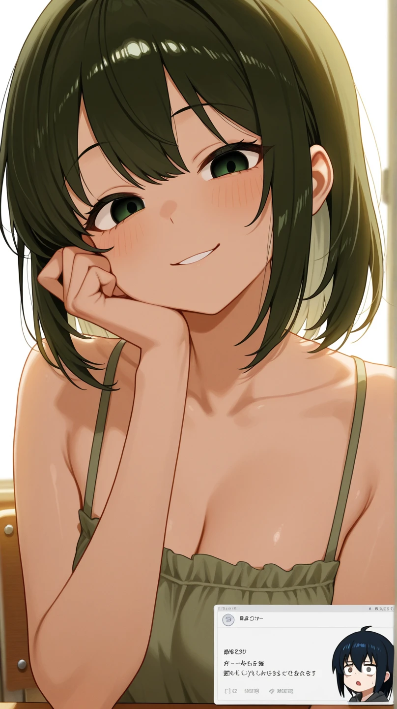 Anime character with cleavage and showing her very sensual butt, short, black haired, green eyed with a penis 