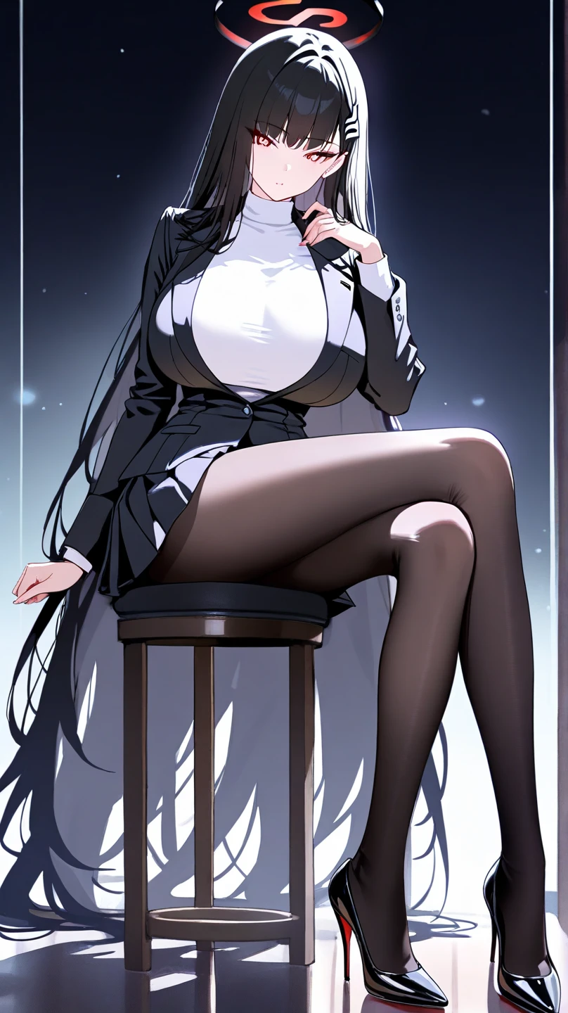 Top quality, masterpiece, High resolution, (Head to toe full body), front, frontやや下からの構図, Symmetric, Tall 18 year old girl, alone, (Head to toe), (Small breasts), bangs, (black tights), (Black Pantyhose), (Sit with your legs apart), (Crouching pose), (A composition showing white panties), (Her legs were spread、I see your white pants.), (I was made to sit on the floor with my legs spread..), (M-shaped legs), Thin legs, A very beautiful and tall 18 year old girl, (No shoes), blush, Shy big eyes, looking at the camera, Blazer Uniform, Checkered Pleated Skirt