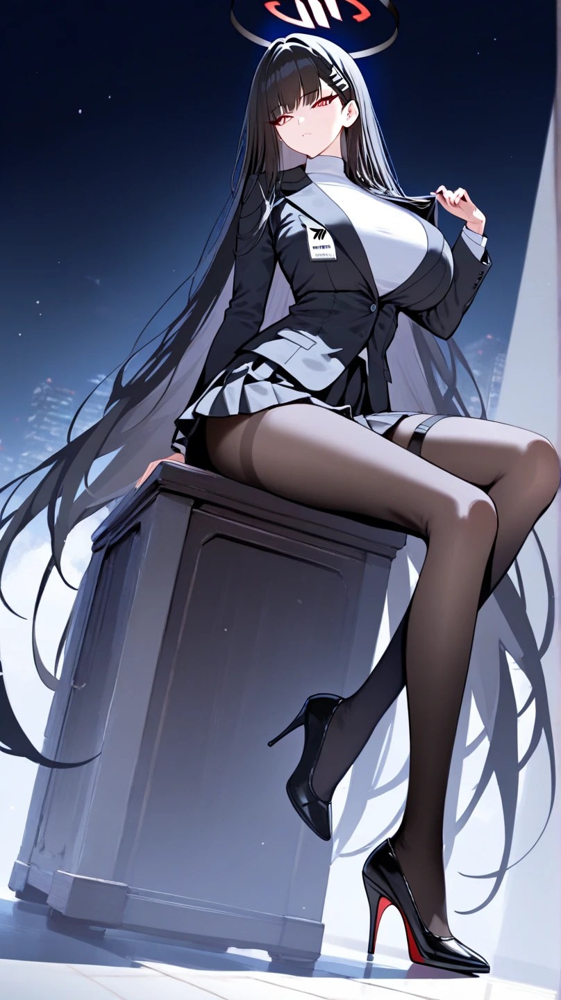 ((((absurdres, RAW photo, extremely delicate and beautiful, masterpiece, Best Quality, ultra high resolution, 32k, hyperrealistic, ultra-detailed)))), in her 20s, very Slim body, narrow waist, very small head, very small face, delicate facial features, beautiful face, beautiful eyes, ((very huge round tits)), medium hair, black hair, wavy hair, tearful mole, earring, full body shot, business suit, pencil skirt, blazer, dress shirt, tie,