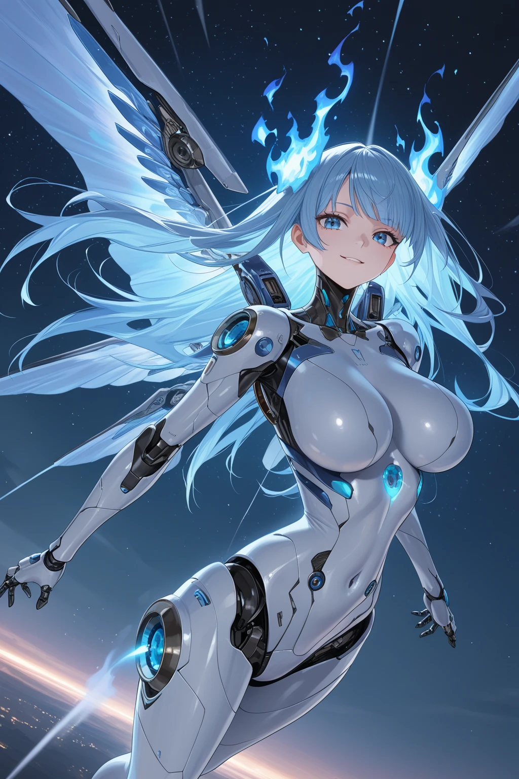 (Sit with one knee on the machine:1.6)、(Full body description:1.3)、((Shining lenses on both breasts:1.3))、((Blue pillars of light are emanating from both chests.:1.3))、smile、((8K)), ((32k)), ((Highest quality)), ((masterpiece)), ((超A high resolution)), ((Tmasterpiece)), ((Halation:1.4))、((Mechaニカルheadgear:1.2))、((Cyber headphones:1.3))、Fine skin, High quality fabric, Fine metal texture、((Beautiful and dense face))、RAW Photos、Professional, Ultra-fine painting, ((alone)), Beautiful breasts、Highest quality, Very detailed, Very detailed詳細, Finer details, so beautiful, ((Princess Knight Robot:1.2)),  (Joints of machines, Mechanical Limbs:1.3), (The internal structure of the machine is exposed:1.3), (Long silver hair:1.1), (Beautiful and huge mechanical breasts)、White Veil, cowboy_shot, Side Focus, headgear, Shiny、(Five Fingers, Four fingers and thumb),Concept Art, Anime fantasy artwork, Detailed fantasy art, (with pale blue-violet hair and large white wings,,,,,,,), (((Long silver hair))), (Mecha:1.6)、Sleek and intimidating design, ((Commander-in-Chief&#39;arm)), (Perfect robot body)、純白と青紫armまたは, Symmetrical wings, 8K high quality, detailed art, 3D rendering of character art in 8K, neat legs, Defined, Defined fingers,