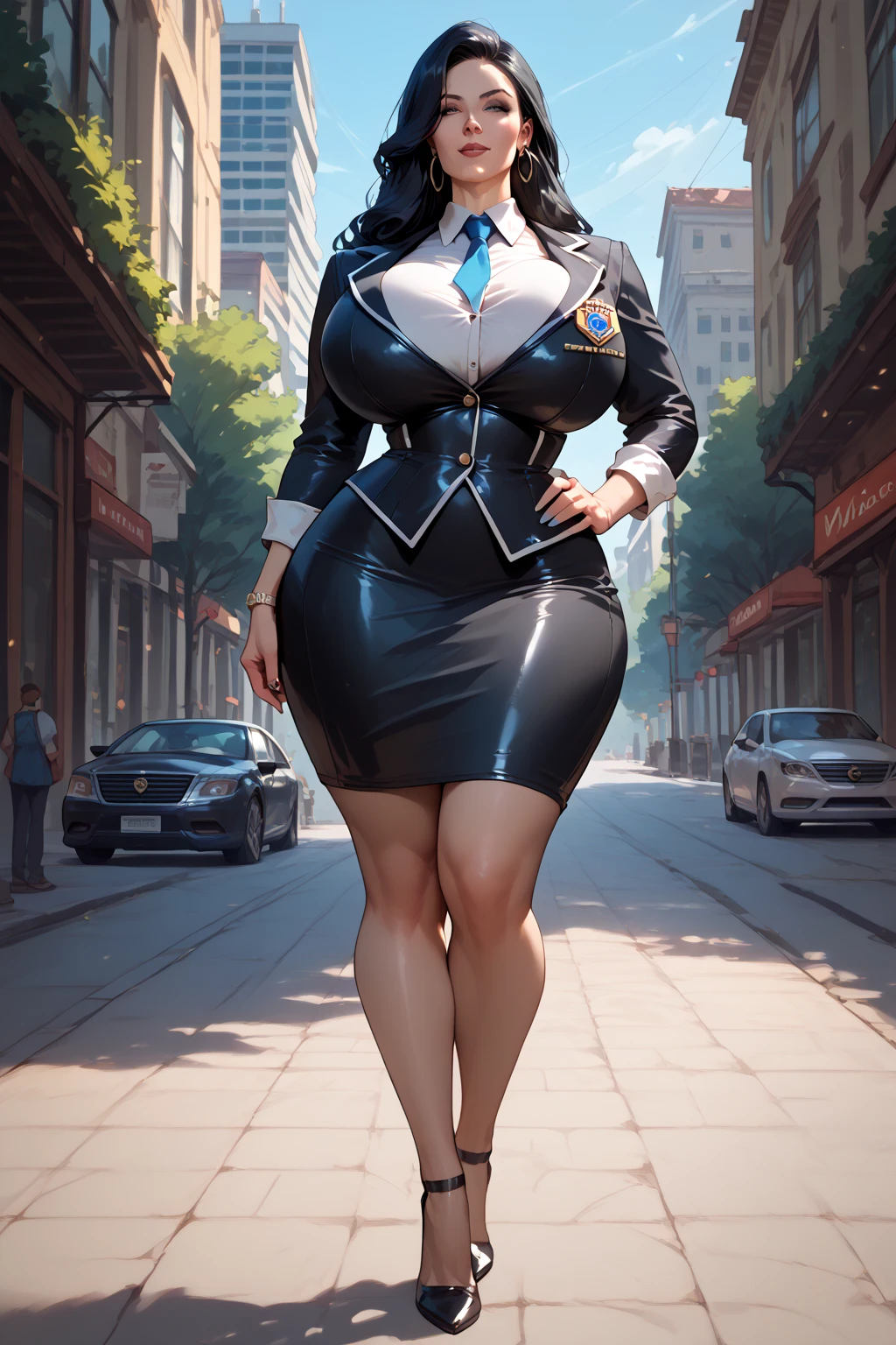 (extremely detailed CG unity 8k wallpaper:1.5),<(masterpiece:1.5), (best quality:1.7), high resolution illustration, (finely detailed eyes and detailed face:1.3), (detail:1.3, best quality, (ultra-detailed), (an extremely delicate and beautiful), (illustration), (painting),(masterpiece:1.5),cinematic light,dynamic angle,floating,sharp focus,(2d:1.7), (best quality:1.3),(illustration:1.1),((disheveled hair:1.2),(beautiful detailed eyes:1.1),(cinematic light:1.1), beautiful (40 year old) African woman, ((wearing henley buttoned-up blazer-suit and long pencil-skirt)), at park, outdoor, curvy body type, voluptuous body type, curvy body type, thick body type, big chest, big , (full_body),