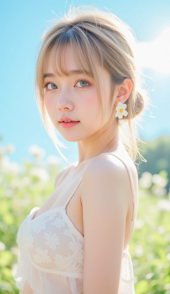(On all fours)(nakedのギャル女性)、(Nipples are visible)、(Genitals and pubic hair are visible)、Realistic, masterpiece, Highest quality, Highest Resolution, Japanese , Full body photo, Looks sleepy, Spaced out, Open your mouth, Beautiful and detailed eye drawing, (Droopy eyes:1.3), Dark Eyes, Thin eyebrows, Draw eyelashes carefully, Eyelash extensions, Gal Makeup, Orange Cheeks,  (White brown wavy hair, Long Hair, middle part:1.3), (Hidden eyelid wrinkles:1.3), (naked、No clothing), (The subject was photographed from the front:1.3), (Flower Field:1.3), ( Naughty pose)、(nakedのギャル)、On all fours、Six Pack、ponytail