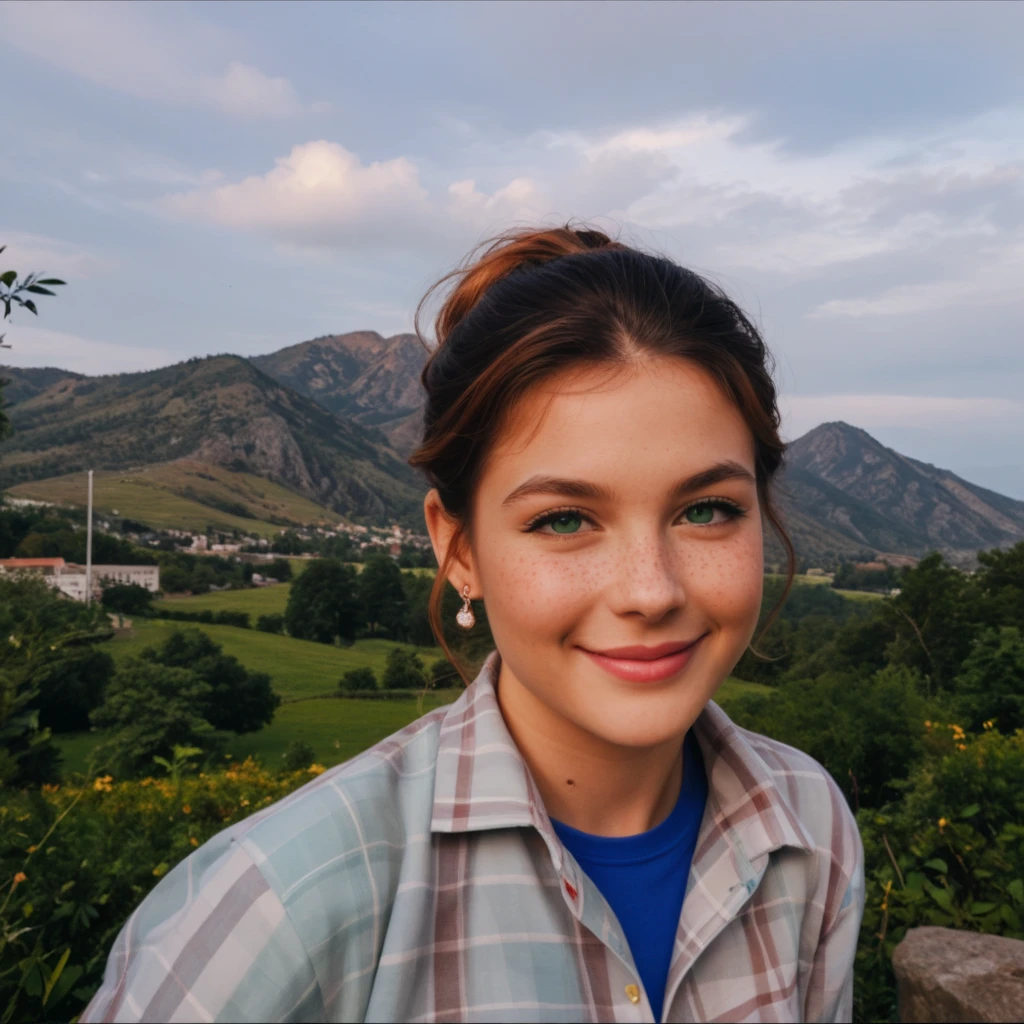1 woman ((upper body selfie, Happy)), with Heterochromia (One Blue and One Green Eye) ((18 Years)), ((Extremely Intense and Detailed Skin)), 16K, masterpiece, best quality, ultra-detailed, 1960s Era Landscape, Authentic Vintage Attire, ((intricate Detailed Reddish Hair)), Nostalgic Expression, Period-appropriate Atmosphere, Vintage Selfie Moment, Charming Smiles, Iconic Surroundings, Retro Aesthetic, Timeless Beauty, Authentic Representation of the 1960s, Stylish Outfit, Time-Tested Clothing, Vintage Charm, Era-specific Cultural Elements, Captivating Scenery, Vintage Lighting, Crisp Details, Realistic Textures, Meticulous Historical Accuracy, Subtle Color Grading, Artistic Excellence, Nostalgic Beautyshadows, contrast, clear sky, style, (warm hue, warm tone:1.2), cinematic light, sidelighting, ultra high resolution, best shadow, RAW,Iphone 15 ,upper, corps, contraste, effet de lumiere quelque petit bouton leger 