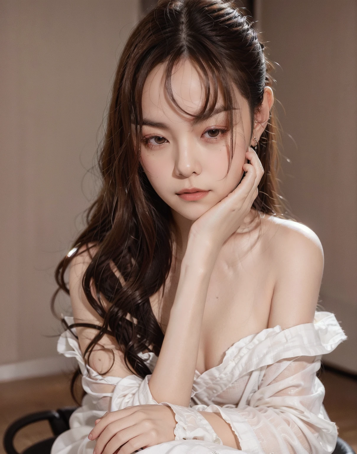 make a girl in a white dress white skin wavy black hair and small red lips