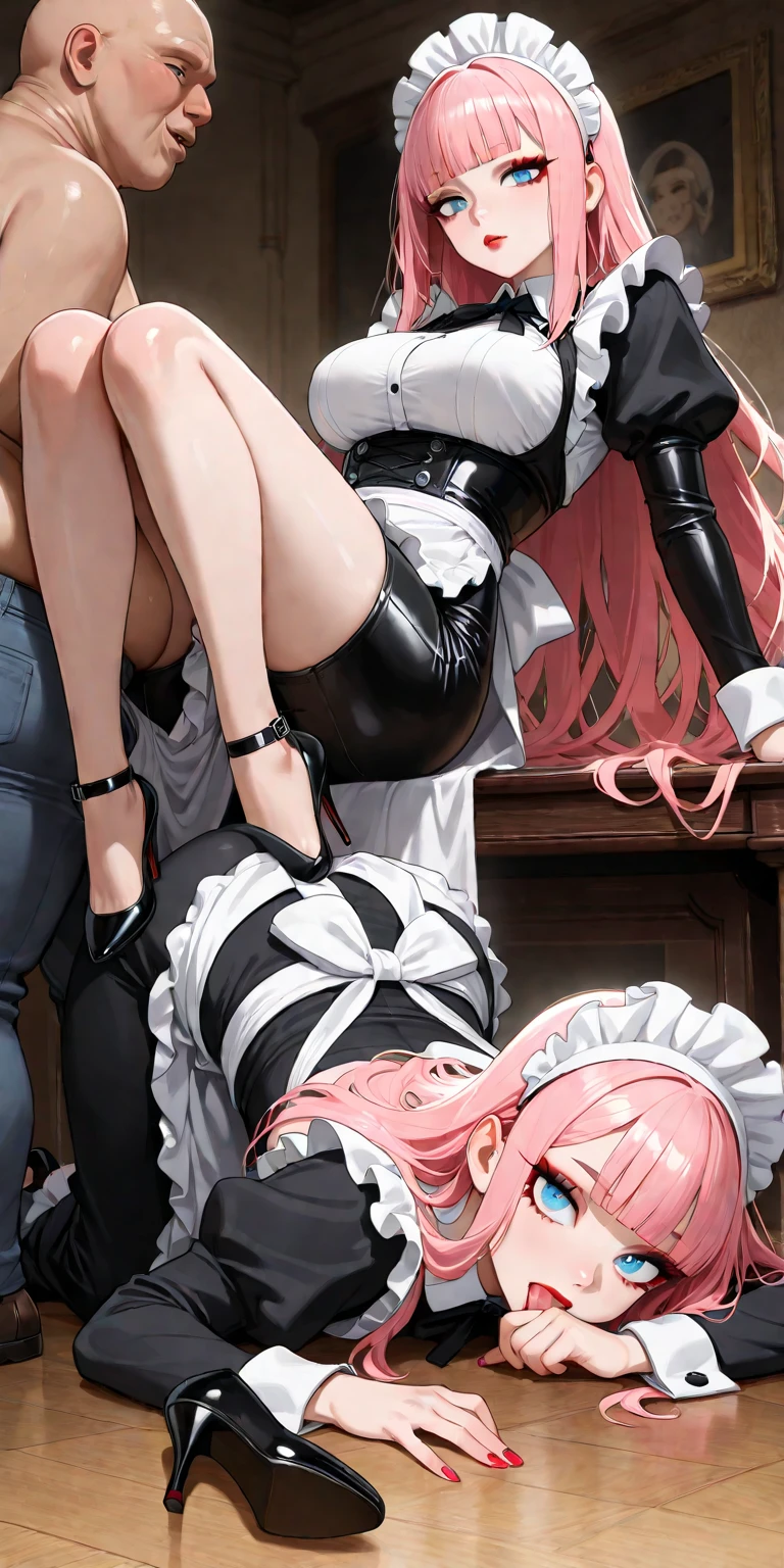 ((masterpiece, high resolution, better quality, better details)), ((Marin Kitagawa)), ((Smiling)), ((one girl)) a girl modeling standing, mini skirt, blouse, ((big neckline)), ((platform high heels)), pink eyes with black outline, (light blonde hair, straight hair, straight bangs, long hair)), long nails, pink nails, (((curvy body))), shiny skin, ((side view)), solo, bare shoulders, full body, focus full body, high heels, ((White background)),