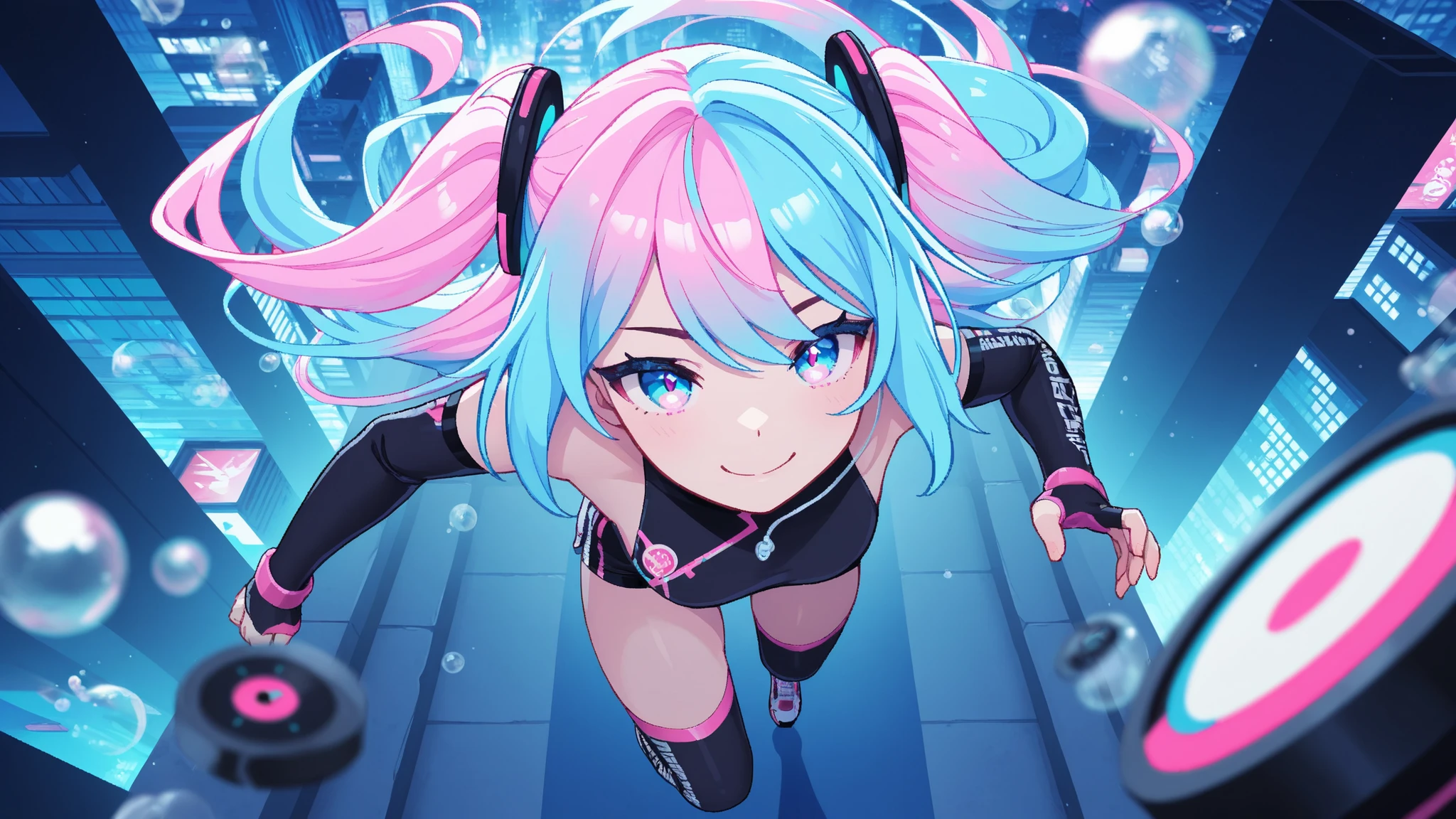 masterpiece, best quality, Good quality, very aesthetic, very high resolution, Newest, 8k, depth of field, Focused target, 1girl, From the front, from above , smile,, neon hair, long hair, dynamic angle、Running through the city at night、Bubble、