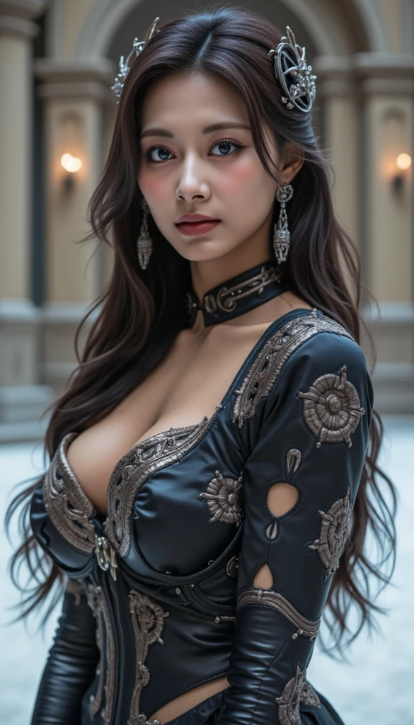 Twilight lady, beautiful and mysterious woman, a work of art of beauty, realistic and sharp focus, wearing sexy peacock costume clothes. Professionally retouched, soft lighting, realistic and smooth face, perfect eyes, sharp focus on eyes, 8k, high definition, incredibly detailed, complex, elegant. on a night city background, long black hair, striking face, expressive and crystal clear eyes, black floral tulle veil with gold embroidered edges, bright red satin corset, detailed and intricate, draped black skirt, light fabric, with small roses red waistbands, night background. Full HD.