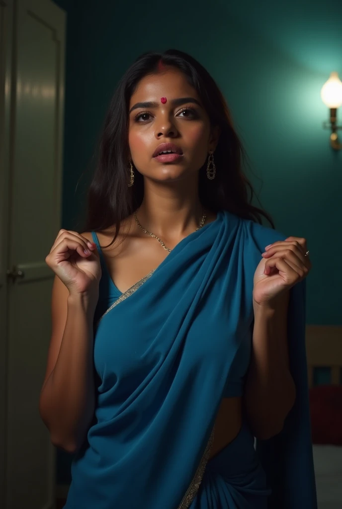 a beautiful young ntg avika gor in a stunning blue satin saree, her eyes locked seductively with the viewer, slowly removing her saree to reveal her deep cleavage and navel, radiating an irresistible erotic allure, (best quality,4k,8k,highres,masterpiece:1.2),ultra-detailed,(realistic,photorealistic,photo-realistic:1.37),intricate details,cinematic lighting,warm colors,glowing skin,detailed facial features,sensual expression,flowing fabric,dramatic pose,chiaroscuro lighting,erotic,highly detailed,