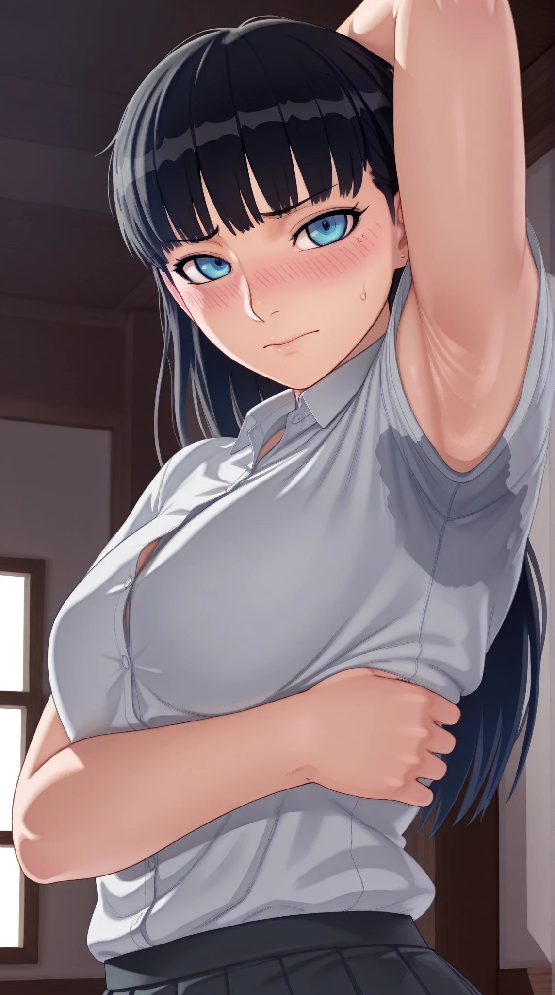 Kanzaki Aoi、Detailed Description、high resolution、One Girl、Small face、Thin legs、Small waist、Black Hair、Twin tails、Forehead、(blush)、Troubled face、(((White clothes wide open)))、((Nipples are visible))、belly button、White panties、Grabbing clothes
