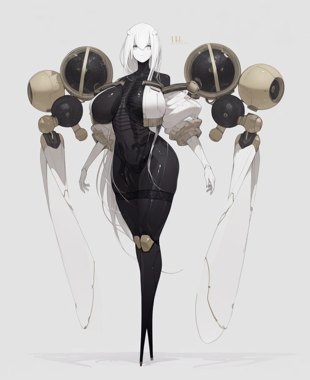 Full body like，(((Masterpiece))), (((Best quality))), ((Ultra-detailed)), (CG illustration), ((An extremely delicate and beautiful)),(thick leg),Cinematic light, ((1 mechanical girl)), Single body, full bodyesbian,(Machine-made joints:1.2),((Mechanical limb)),(Blood vessel attached to tube),(The mechanical spine is attached to the back),((The mechanical cervical vertebrae are attached to the neck)),(Camel toes),face expressionless,(Wires and cables around the neck:1.2),(wires and cables on head:1.2)(Character focus),sci-fy,White background,Extremely fine,a color,Thinnest