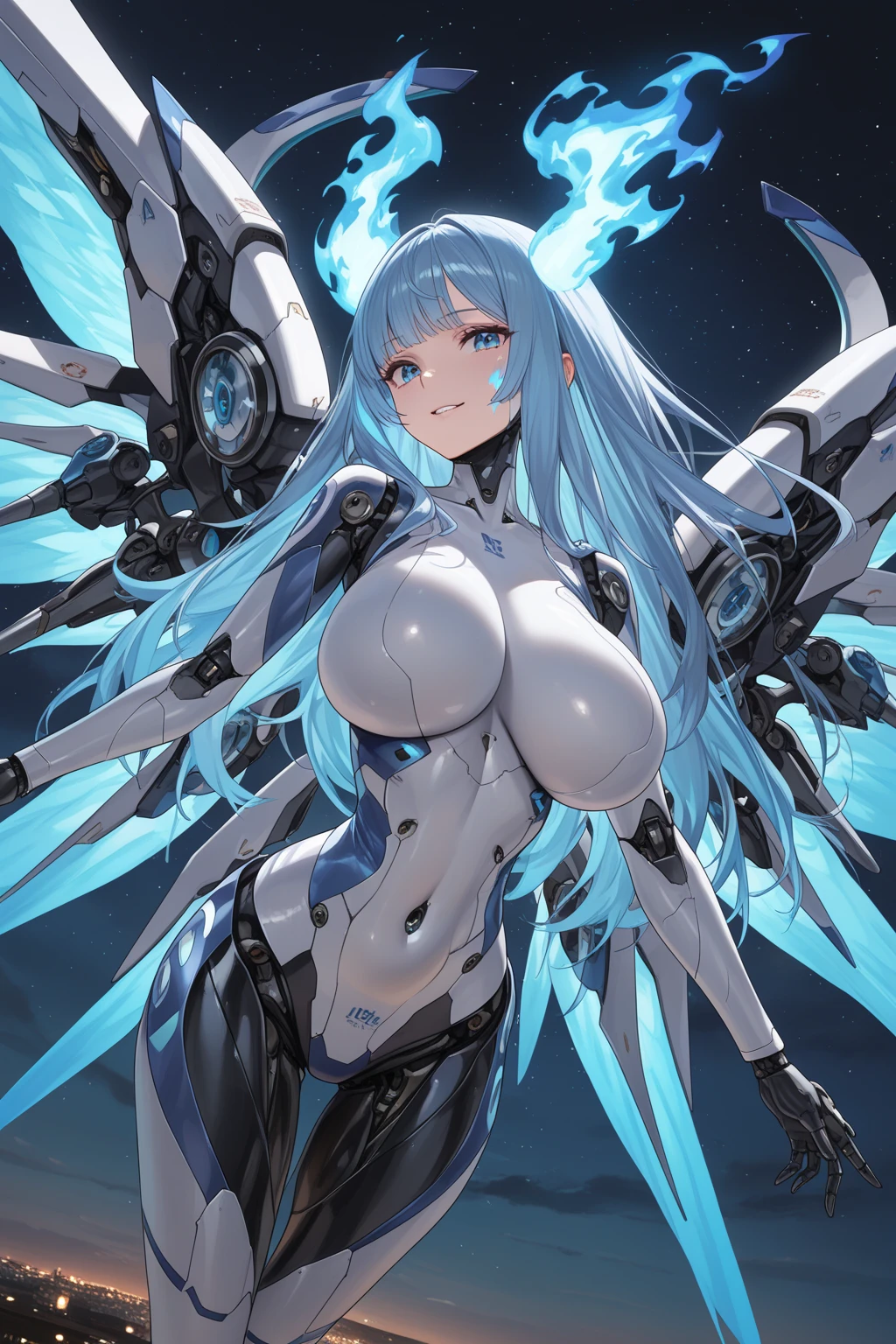 ((Intense action pose:1.6))、((Shining lenses on both breasts:1.3))、((Blue pillars of light are emanating from both chests.:1.3))、smile、((8K)), ((32k)), ((Highest quality)), ((masterpiece)), ((超A high resolution)), ((Tmasterpiece)), ((Halation:1.4))、((Mechaニカルheadgear:1.2))、((Cyber Headphones:1.3))、Fine skin, High quality fabric, Fine metal texture、((Beautiful and dense face))、RAW Photos、Professional, Ultra-fine painting, ((alone)), Beautiful breasts、Highest quality, Very detailed, Very detailed詳細, Finer details, so beautiful, ((Princess Knight Robot:1.2)), (Joints of machines, Mechanical Limbs:1.3), (The internal structure of the machine is exposed:1.3), (Long silver hair:1.1), (Beautiful and huge mechanical breasts)、White Veil, cowboy_shot, Side Focus, headgear, Shiny、(Five Fingers, Four fingers and thumb),Concept Art, Anime fantasy artwork, Detailed fantasy art, (with pale blue-violet hair and large white wings,,,,,,,), (((Long silver hair))), (Mecha:1.6)、Sleek and intimidating design, ((Commander-in-Chief'arm)), (Perfect robot body)、純白と青紫armまたは, Symmetrical wings, 8K high quality, detailed art, 3D rendering of character art in 8K, neat legs, Defined, Defined fingers,