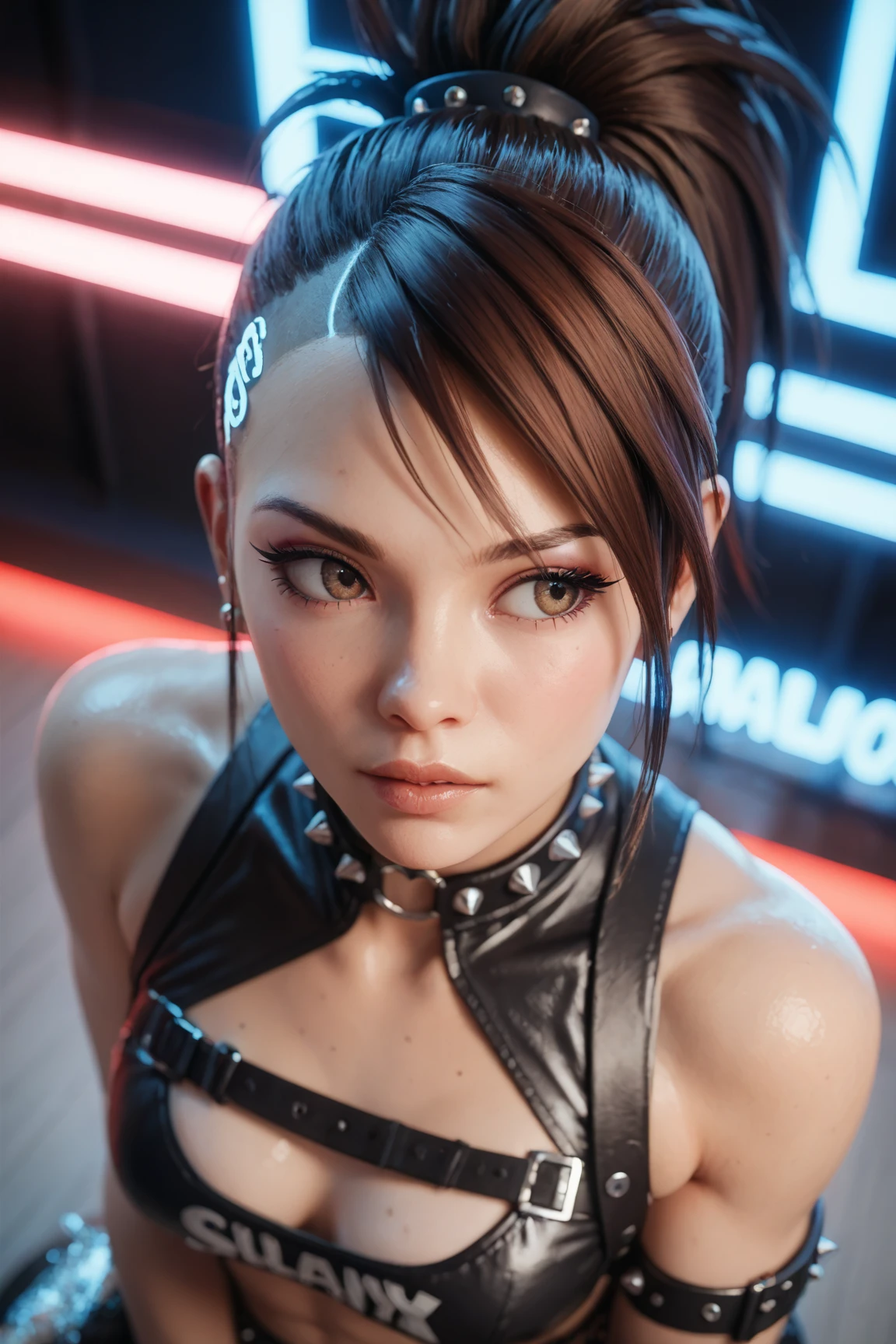 (best quality, 8k, highres, photorealistic:2.0), (solo, one girl:2.0),(lighting:front),(lighting: strong),(Russian Beauty:2.0),(very muscular girl:2.0),(bodybuilder girl:1.7),(shiny skin:1.5),(oily skin:1.5),(brown hair color:1.5),(lewd girl),((A bodybuilder with a huge amount of muscle:1.1)),((very small breasts:2.0)),(Super body builder:1.1),(excellent body builder),(powerful body builder),(huge muscular bodybuilder),(cyberpunk location),(she is sweating a lot all over her body),(tiny swimsuit:1.5),(woman kissing her finger:1.5),(kiss your finger:1.5),(sticking out tongue:1.5)