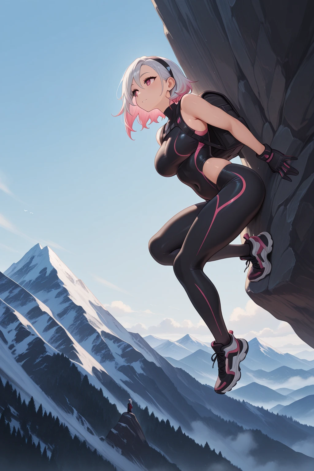 Beautiful girl with healthy body,free climbing,midriff,bikini,breathing white air,strong snow storm,strong snowy day,flying snowflakes as background,climbing snow peak,crawling on a vertical cliff,high altitude,high height,precise face