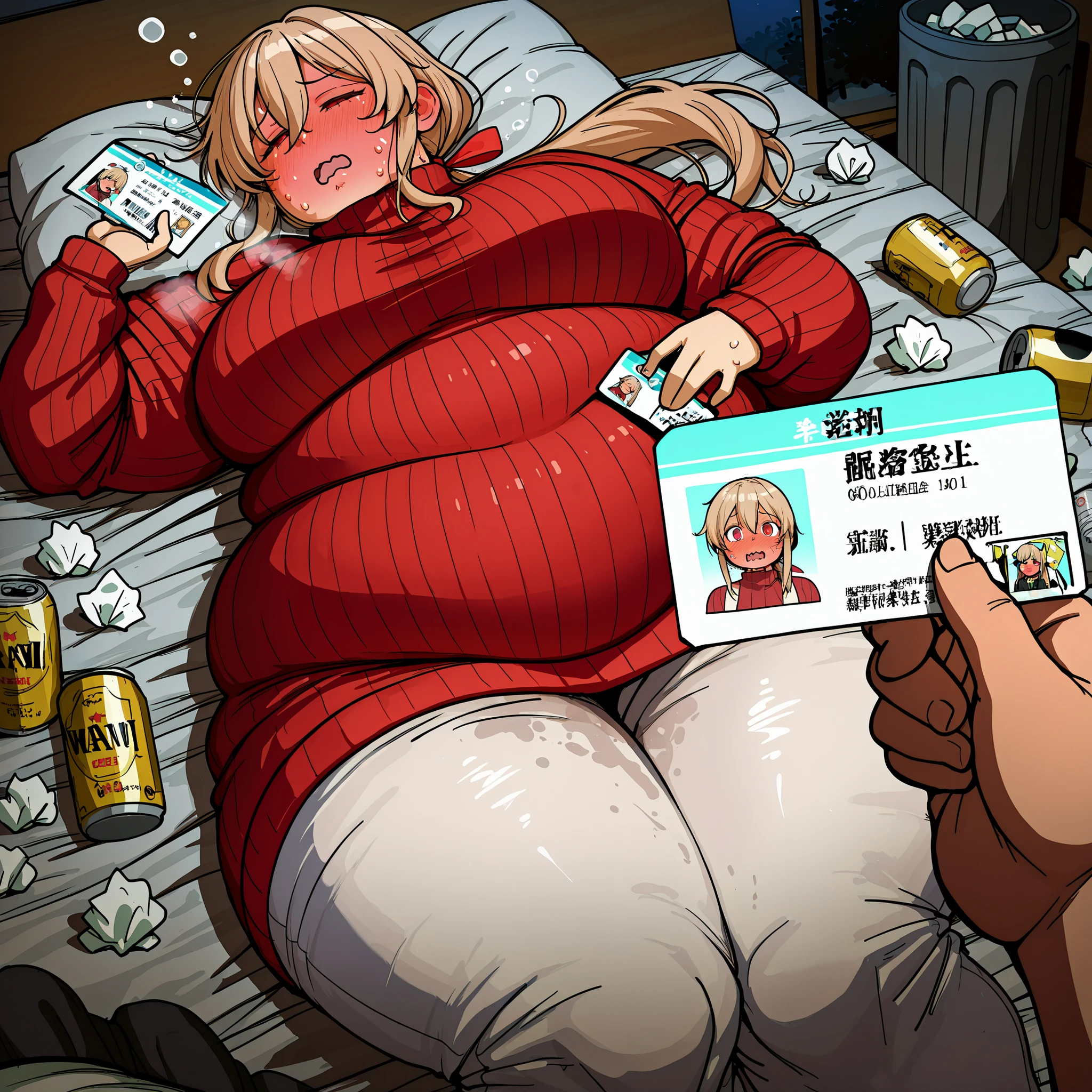 anime screencap,anime coloring,

dutch angle,dynamic pose,
(masterpiece, best quality:1.2),


1girl,wavy mouth, blush,
low ponytail, hair between eyes, long hair, light brown hair, red eyes, hair ribbon, red ribbon,
turtleneck sweater, ribbed sweater, sweater dress, red sweater, white pants,

in heat, steam, steaming body, sweat, night, dark,bedroom,
(drunk), lying, on bed, sleeping,full-face blush, beer can, trash can, used tissue,


BREAK,[SEP],
holding id card, id card, hic01,pov, pov hands, 1boy, fat, chubby, obese, gigantic arms and legs, large breasts open mouth, out of breath


