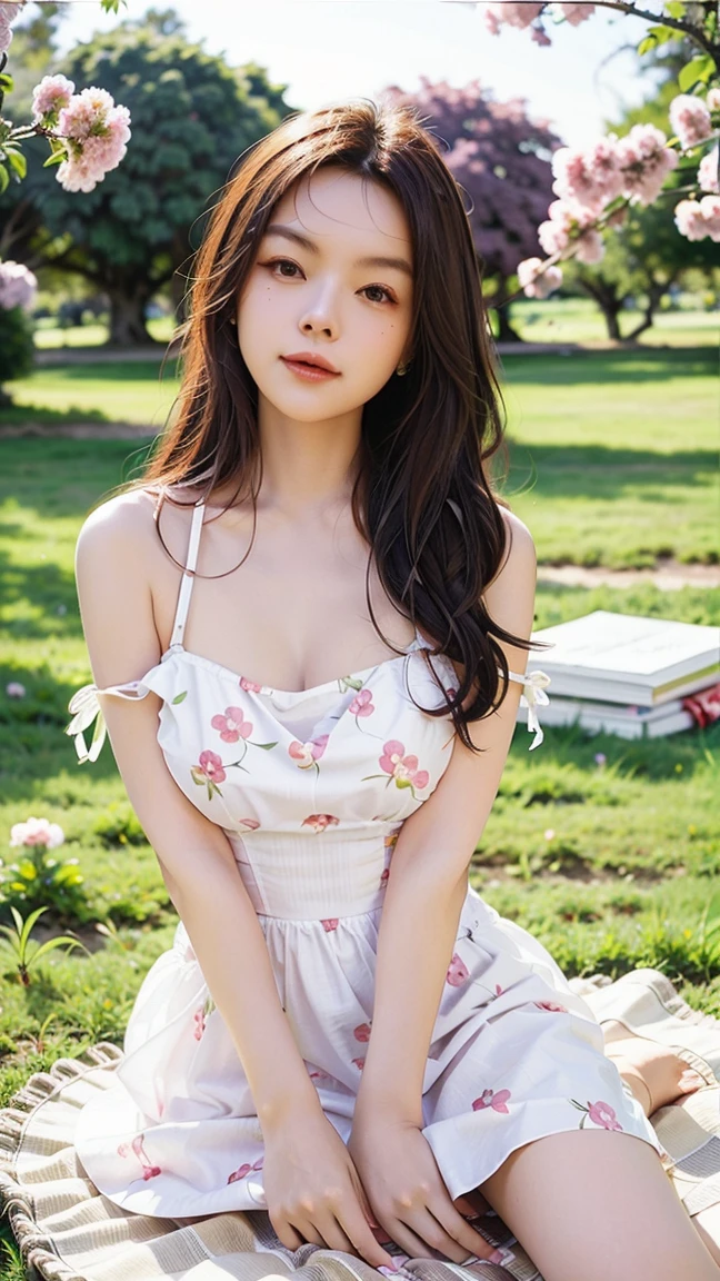 (8K, Raw photo, highest quality, masterpiece:1.2), (realistic, photo-realistic:1.5), Light of the sun, girl, beautiful face, long hair, black long hair, seductive eyes, looking at viewer, ultra-detailed beautiful face, charming smile, white sheer dress, detailed dress, mini skirt, full body, huge breasts, cleavage, sitting pose, picnic, (background, flower garden, cherry blossoms, cherry blossoms petal)