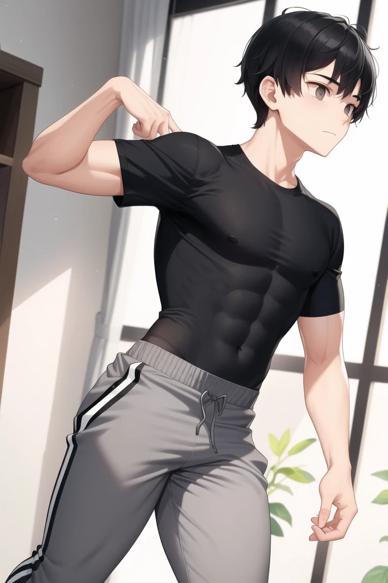 1 boy,t-shirt,boxer briefs,standing,(Holding bottled water:1,2),Modern living room,full hand,(detailed eyes),detailed skin,(masterpiece,best quality:1.4),Top Quality,High quality,Ultra detailed,insanely detailed,anime style