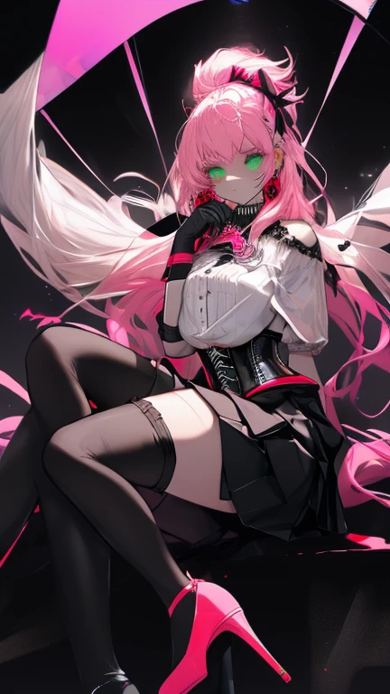 anime girl, with pink long hair, yellow-pink eyes,black panties