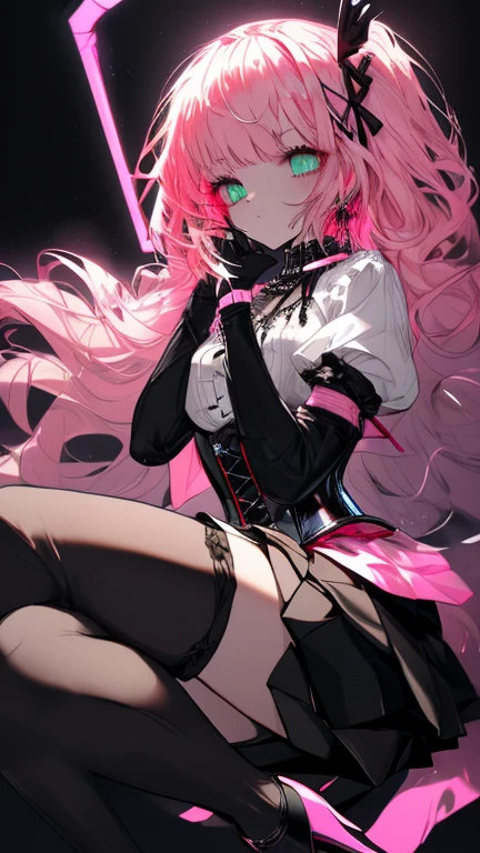 ((beautiful and detailed))) teenage girl 18 years, (((18 years))) high definition 1:1(((female))) Vista de whole body,((whole body)) messy hair, ((pink&brow hair)), detailed blue eyes, submissive pose, view from below, side view,(heart-shaped pupils) ((horny and shy)) detailed, (8k the best quality, masterpiece ) Posing, Very good, beautiful, smalldetailed, shy and seductive posture arching back down so that we can see her, absurd resolution, casual black clothes, (black navel blouse, black jacket, black miniskirt, panties, long socks) Rock style, tight thigh high stockings, body jump