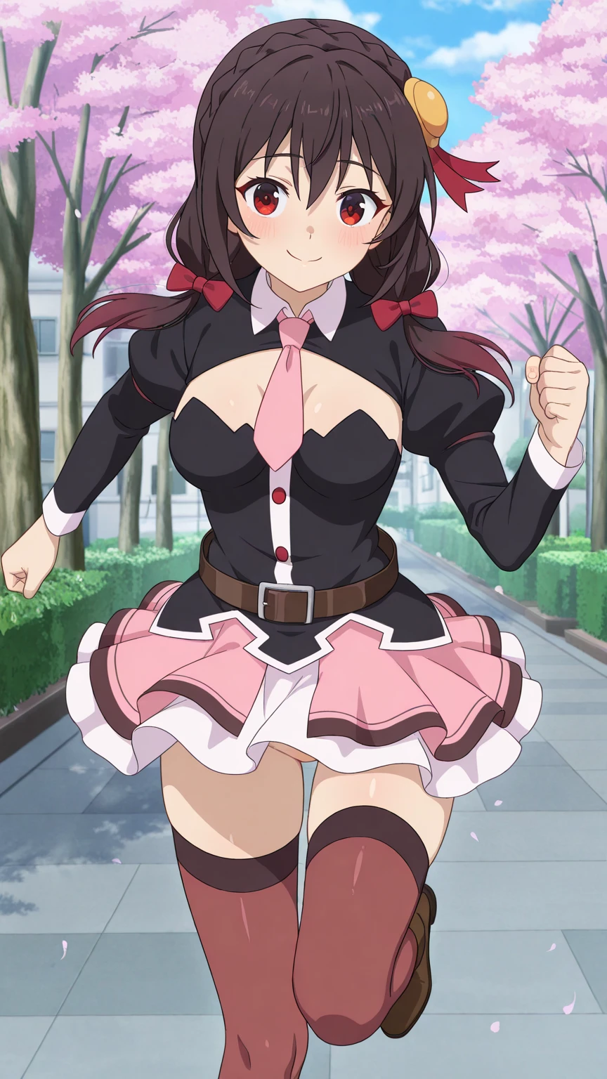 Yunyun, 1girl, solo, portrait, upper body, close up, big breasts, looking at viewer, crown braid, shirt, collar, juliet sleeves, cleavage cutout, low twintails, pink miniskirt, thighhighs, necktie, belt, wavy mouth, blushing, perfect quality, good quality, masterpiece, HDR, UHD,  forest, dark sky, {arms behind head}, contrapposto, spread armpit, nervous smile,