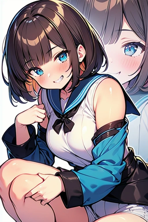 (best quality), (Super detailed), (Best Illustration), (masterpiece), (woman), hands on own chest, {(white serafuku:1.2)}, (large breasts:1.2), {brown hair, (sideburns), (bob cut:1.3), curly hair, hairs between eyes, colored inner hair}, {(detailed eyes), blue eyes}, embarrassed, blush, earring, wind, white background