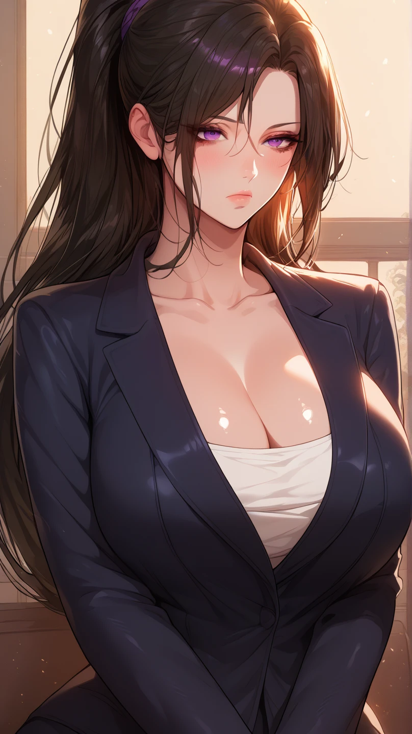 (highest quality:1.2,evil lady,cg, Very detailed, High Detail, digital coloring, High Contrast, masterpiece:1.2,suits, highest quality, Best aesthetics), 8k,masterpiece, cute,tall,beautiful,best quality, 1lady,brown hair,long hair,wavy hair,empty eyes, (finely detailed glowing eyes and detailed face),,,,extremely detailed cg unity 8k wallpaper,solo,(latex military costume:0.9),large breasts,seductive smile,,latex thighhigh,large breasts,black hair,pink eyes,no jacket,formal shirts,thighhigh,,enamel suits,grossy lips,sitting,tight skirt,sadistic smile,,heel,shiny skin,tight skirt,detailed face,beautiful body,,adult,,show me breasts,sadistic,seductive smile,business suits,latex,no tie,bust shot,open mouth,necklace,office room,from above,burikko pose