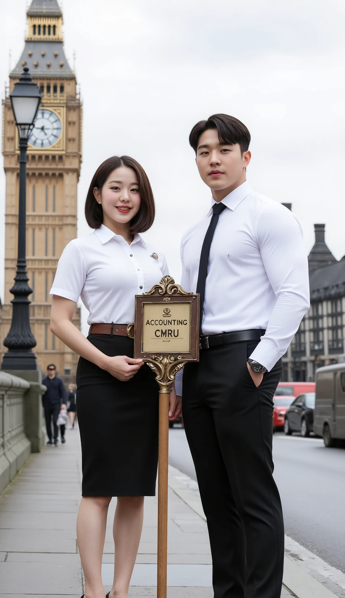 A formal, a full-body image shows a muscled Korean man standing next to a young Korean-Thai woman in London.
She has a side bob haircut, showing off her narrow forehead. She has a voluptuous figure. She is chubby-sexy. She wears a Thai Mahalai uniform (a light white short-sleeved collared shirt with silver buttons and a silver teardrop-shaped brooch, a brown leather LV belt, a short black pencil skirt, and black high-heeled shoes). She smiles a bit at the camera. She proudly holds a Department of ACCOUNTING CMRU sign. The man is handsome and muscular. He has a fluffy K-pop hairstyle with fringes. He wears a tight long-sleeve white shirt with a collar and six buttons, a black necktie, black wool slim-fit pants, and black leather shoes. He places his hands beside his body.
It is the ornate signpost with a rectangular sign, measuring 50 cm wide and 20 cm tall, mounted on a 120 cm tall pole. The sign features intricate gold-colored decorative borders and a small crown-like ornament at the top. The text on the sign is ‘ACCOUNTING CMRU’. The sign is made of oak wood. The handle is made of a slim and long wooden stick.
The background is Big Ben. The overall landscape view is included, not only focused on the man and woman. The vibe is formal. The image is presented for public relations for the university.
Highest image quality, high resolution, photorealistic, raw photo, and extremely detailed CG unified 8k wallpaper.