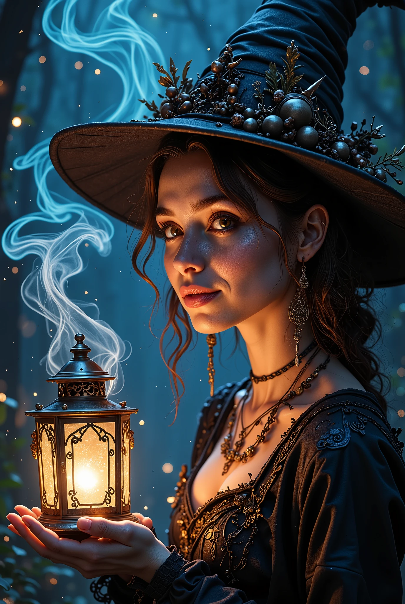 The girl holds a magic lamp in her hand, and from her mouth, sweet lips in a thin haze magical as the wind, the wind is dark blue, the wind swirling lights up a square-shaped lantern with patterned glass, magical light with glitter, beautiful makeup, earrings, magical beautiful eyes, beautiful curly hair with a hairstyle of delicate, jewelry, magic hat, dark mystical background, magic, Fantasy style, Fantasy, magic, magic, cinematic light, masterpiece, best quality, detailed, clearly ,