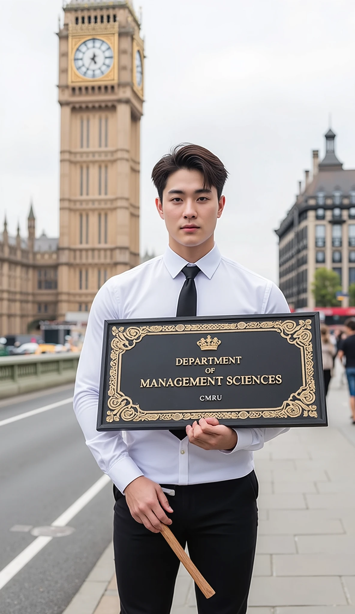 A highly detailed, photorealistic image of a muscular Korean, K-pop idol, 20 years old. The man is also handsome, and extremely buff. He has fluffy hair with K-pop hairstyle. He is wearing a Thai Mahalai uniform (a tight long-sleeve white shirt with a collar and six buttons, a black necktie, and black wool slim fit pants). He stands on a pavement in London. He proudly holds a Department of ACCOUNTING CMRU sign. It is the ornate signpost with a rectangular sign, measuring 50 cm wide and 20 cm tall, mounted on a 120 cm tall pole. The sign features intricate gold-colored decorative borders and a small crown-like ornament at the top. The text on the sign is ‘MANAGEMENT SCIENCES’. The sign is made of oak wood. The handle is made of a slim and long wooden stick. The background is Big Ben. The vibe is formal. The image is presented for public relations for the university.