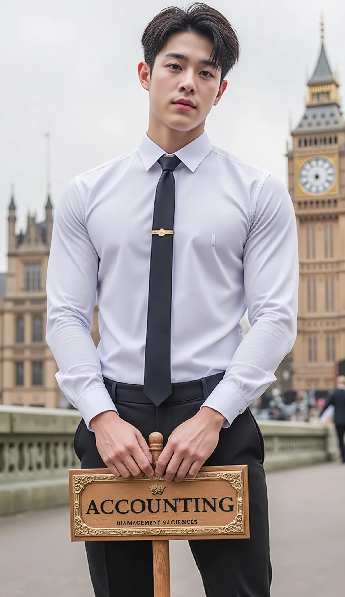 A highly detailed, photorealistic image of a muscular Korean, K-pop idol, 20 years old. The man is also handsome, and extremely buff. He has fluffy hair with K-pop hairstyle. He is wearing a Thai Mahalai uniform (a tight long-sleeve white shirt with a collar and six buttons, a black necktie, and black wool slim fit pants). He stands on a pavement in London. He proudly holds a Department of ACCOUNTING CMRU sign. It is the ornate signpost with a rectangular sign, measuring 50 cm wide and 20 cm tall, mounted on a 120 cm tall pole. The sign features intricate gold-colored decorative borders and a small crown-like ornament at the top. The text on the sign is ‘MANAGEMENT SCIENCES’. The sign is made of oak wood. The handle is made of a slim and long wooden stick. The background is Big Ben. The vibe is formal. The image is presented for public relations for the university. 