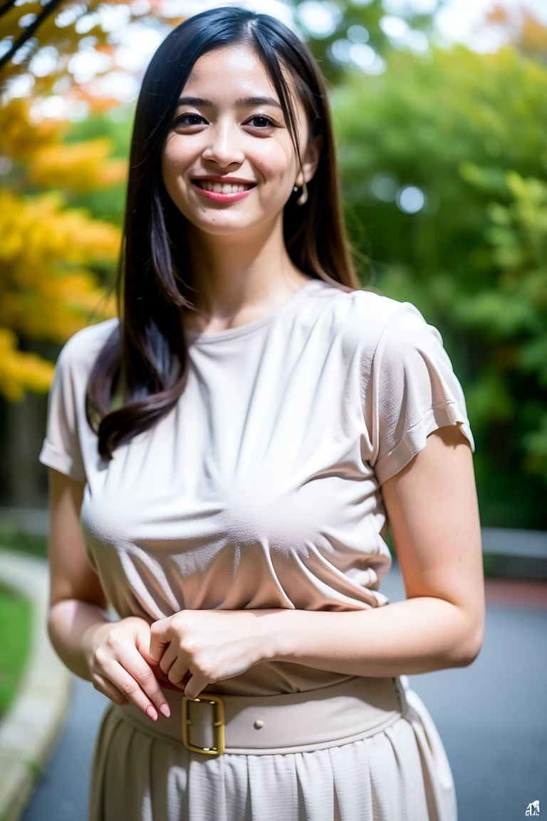 Dark brown hair, light brown eyes, Japan actress face, adult woman, face about 40 years old, (complex details: 1.2), (highest quality: 1.4), (ultra high definition: 1.2), ultra high resolution, (detailed eyes), (detailed facial features), HDR, 8k resolution, terrace in the woods, moderately sized breasts, wearing a thin sheer blouse shirt, bra showing through, Wearing a sheer tight miniskirt, buttocks, buttocks showing towards us, smooth knees,
