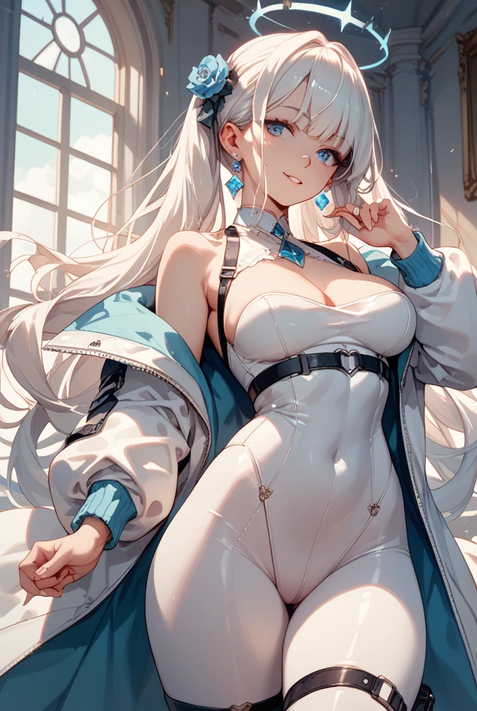 asuna,sao, crown half up hairstyle,, View from below, Exposing cleavage, mature female, white hair, ?, human hands, large breasts, beautiful detailed blue eyes, brown Clothes, dusk sky, dusk, sunset, warm,