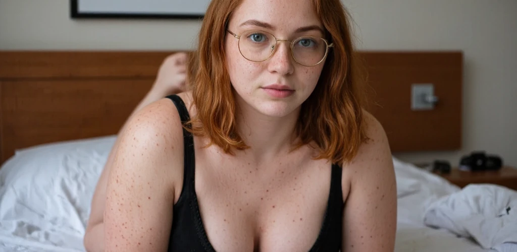 60 year old brunette white woman, Scottish Irish, laying on a bed with her head on a pillow, overweight fat, extremely pale white skin, blue eyes, camera man having a above view of her face, looking at the camera with a orgasmic look, orange choker, orange night gown lingerie , orange glasses, eyes crossed, mouth slightly opened, legs up, showing vagina
