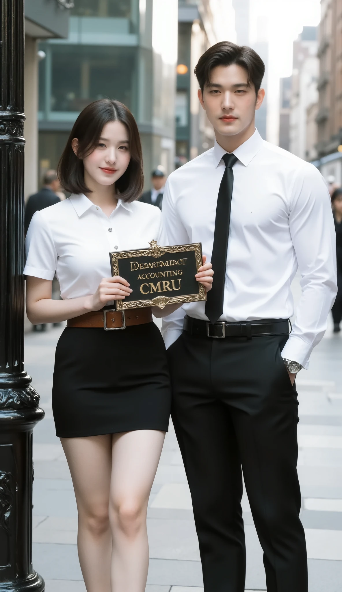 A formal, a full-body image shows a muscled Korean man standing next to a young Korean-Thai woman in London.
She has a side bob haircut, showing off her narrow forehead. She has a voluptuous figure. She is chubby-sexy. She wears a Thai Mahalai uniform (a light white short-sleeved collared shirt with silver buttons and a silver teardrop-shaped brooch, a brown leather LV belt, a short black pencil skirt, and black high-heeled shoes). She smiles a bit at the camera. She proudly holds a Department of ACCOUNTING CMRU sign. The man is handsome and very muscular. He has a fluffy K-pop hairstyle with fringes, phwamen. He wears a tight long-sleeve white shirt with a collar and six buttons, a black necktie, black wool slim-fit pants, and black leather shoes. He places his hands beside his body.
It is the ornate signpost with a rectangular sign, measuring 50 cm wide and 20 cm tall, mounted on a 120 cm tall pole. The sign features intricate gold-colored decorative borders and a small crown-like ornament at the top. The text on the sign is ‘ACCOUNTING CMRU’. The sign is made of oak wood. The handle is made of a slim and long wooden stick.
The background is The Gherkin building (cucumber building). The overall landscape view is included, not only focused on the man and woman. The vibe is formal. The image is presented for public relations for the university.
Highest image quality, high resolution, photorealistic, raw photo, and extremely detailed CG unified 8k wallpaper.