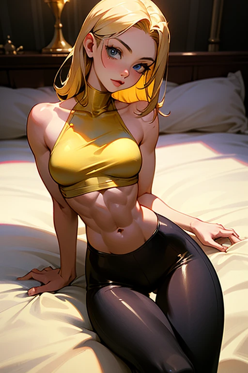 1boy, solo, black eyeliner, medium length hair, blonde hair, handsome, blue eyes, black choker, white long Bandage glove, kneeling, black pants, bed, room, pink lipstick, femboy, blush, thin waist, thick eyelashes, (long eyelashes, detailed eyelashes), long bangs on forehead