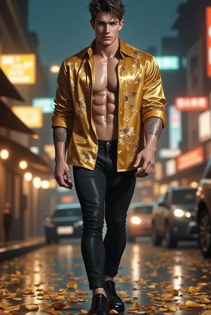 A handsome muscular man, solo, extremely perfect facial features, (face: Matthew Daddario), gorgeous, beautiful, wet, perfect eyes, sexy gaze, looking at the viewers romantically, perfect bare body, smooth skin, wide chest, largest breast, extremely large pectorals, big nipples, wearing (fire pattern print red shirt and (black brief), bulge:1.2), (open shirt showcasing chest and abs: 1.5), on a volcanic field, lava flowing all around, a sexy posture, model pose, moaning with pleasure, (pitch dark sky: 1.5), night time, a hot glow in his skin, tanned skin, full body view,