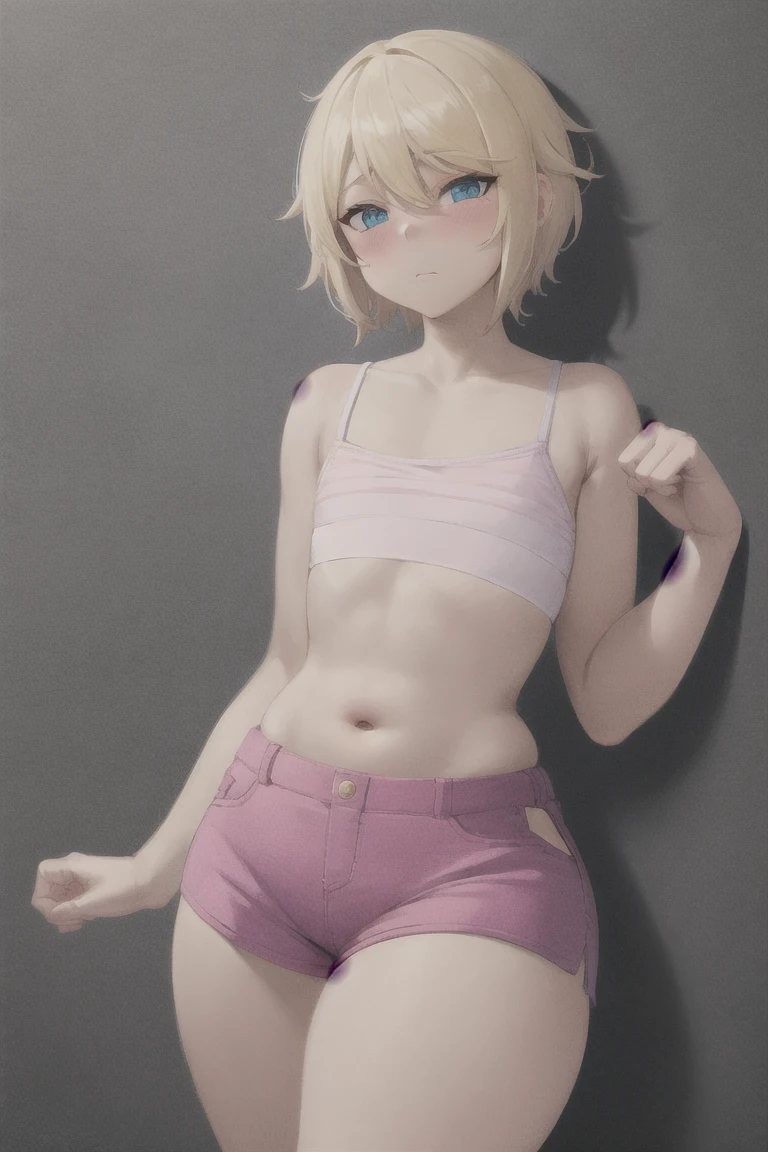 [Appearance (“Gray eyes” + “Soft jawline” + “Flawless pale skin” + “Pink, soft lips” + “Faint blush on cheeks” + “Fair skin complexion” + “Pearly white teeth” + “Slim waist” + “soft hips” + “Small breast size” + “Round, small ass” + “Long legs” + “Soft thighs” + “Long black hair in an emo bob cut, covering eyes” + “No bra” + “No shirt” + “Naked except for tight, pink short shorts” + “Shorts pulled down” + “Exposed cleavage” + “No panties” + “Small golden earrings” + “5’2” in height” + “Playing with her pussy”)]