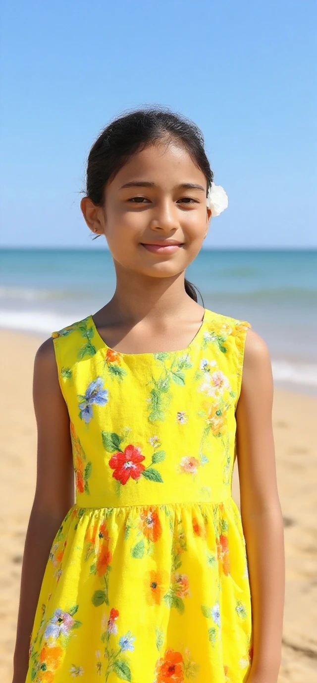 Fashion photography of children, striped dress, strong sense of design, middle ground, 8-year-old girl, Thai little girl, short hair, hair accessories, delicate skin, happy smile, simple background, high texture, colorful backlight, studio professional lighting